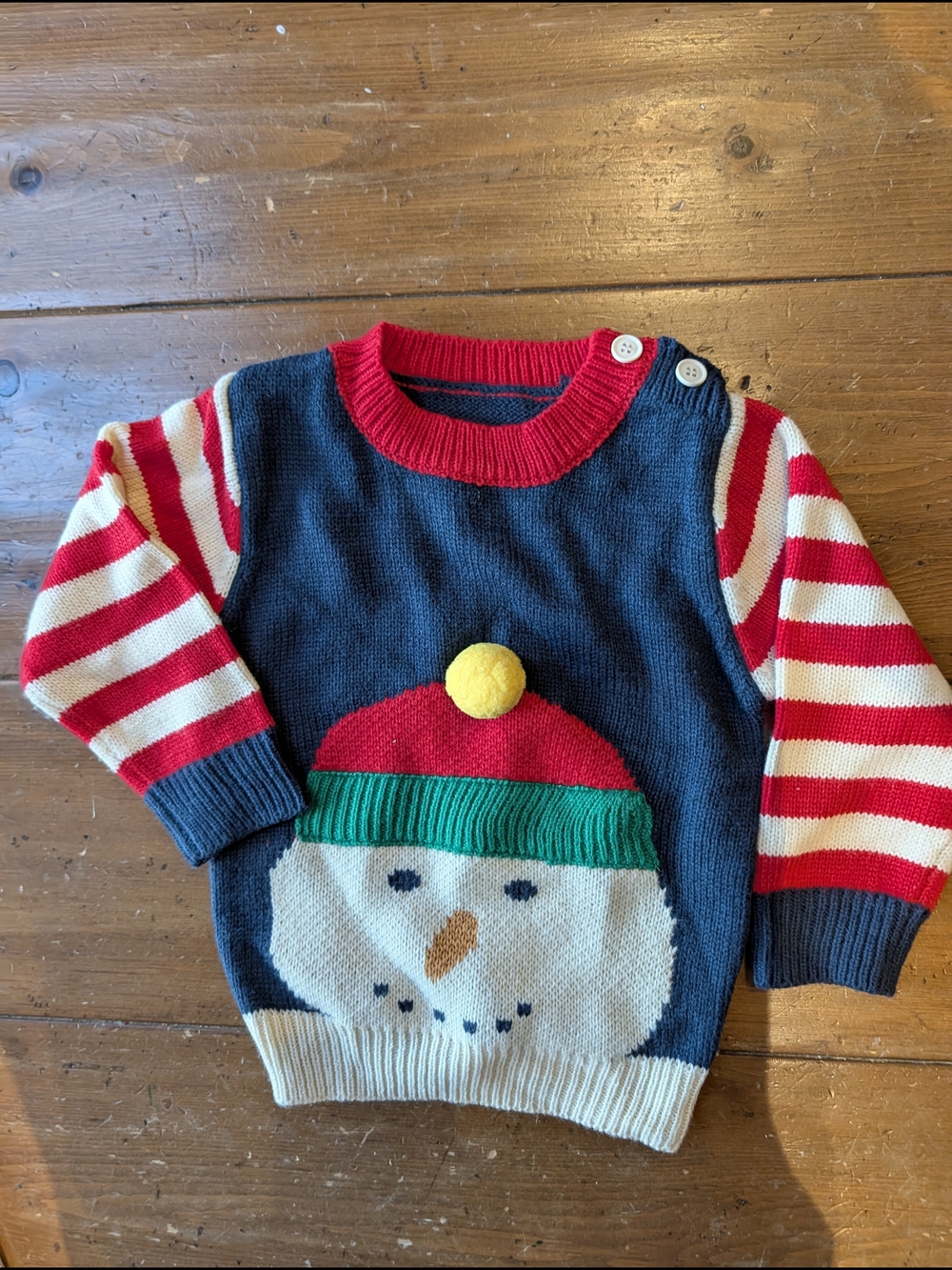SHEIN Navy Holiday Snowman Sweater with Red & Cream Striped Sleeves